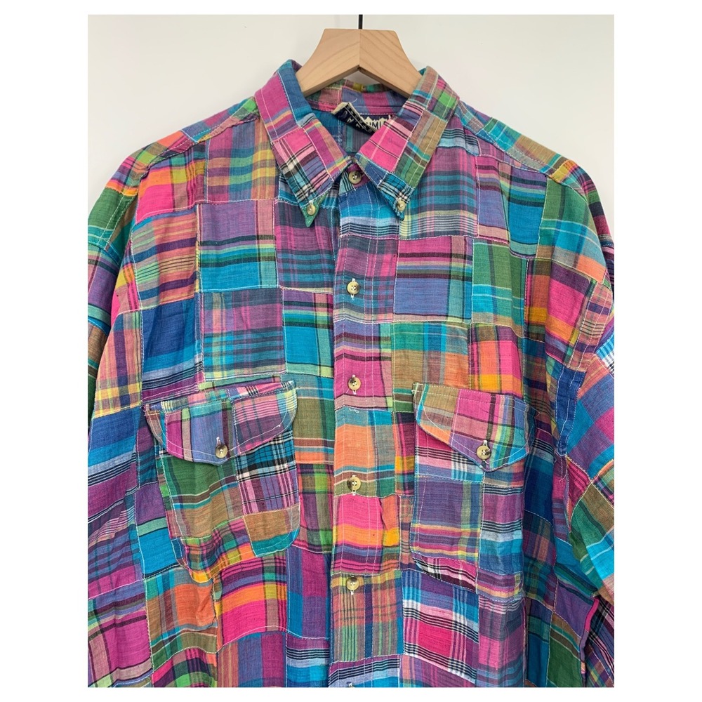 Vintage Madras Plaid Patchwork Shirt Mens Large Jazzman Sportswear Pockets